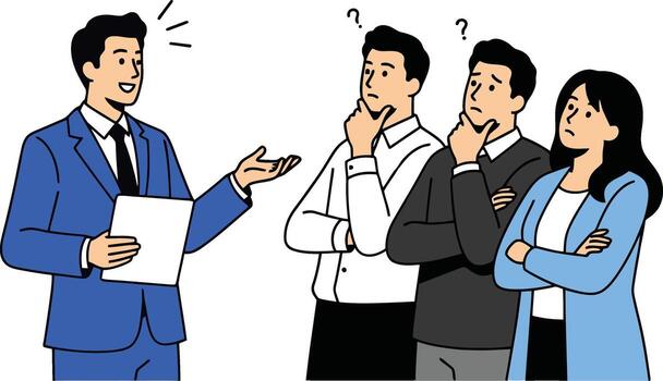 Presentation of a new concept by a speaker to a confused audience, illustration. vector