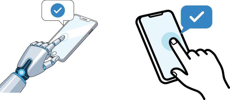 robot and human hands tapping smartphone, verified action, digital confirmation, ai interface, security vector