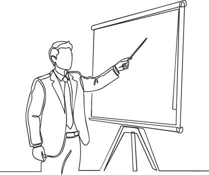 continuous line drawing of businessman presenting on whiteboard, training, teaching, lecture, seminar vector