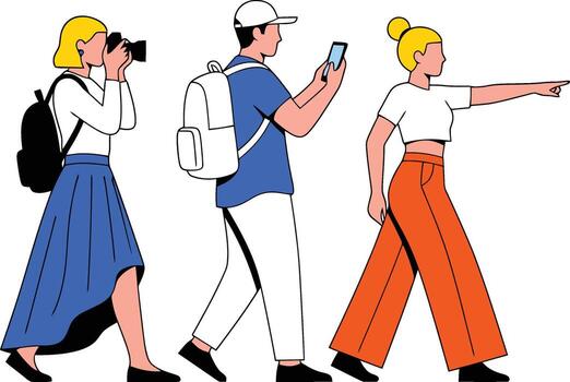 Tourists walking with a camera and a phone, a group exploring and photographing, travel concept. vector