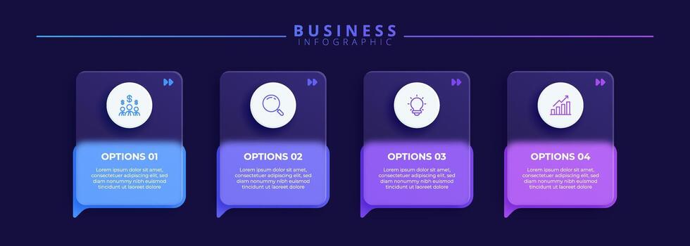 infografía etiqueta diseño modelo presentando íconos y cuatro distinto pasos. ideal para proceso cartas vector