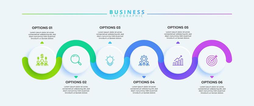 Infographic design with six steps and icons, tailored for business use. Suitable for presentations, banners, workflows, process diagrams, flowcharts, and data visualization. vector