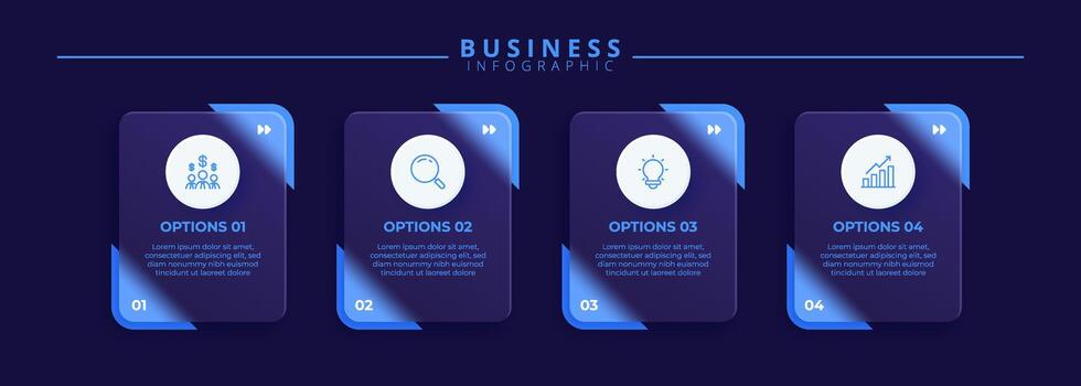 Infographic label design template featuring icons and four distinct steps. Ideal for process charts, presentation slides, workflow schemes, banners, diagrams, data visualizations. vector