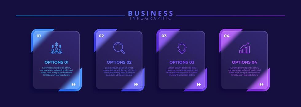 Infographic label design template featuring icons four distinct steps. Ideal for process charts, presentation slides, workflow schemes, banners, diagrams, data visualizations. vector