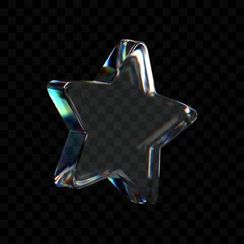 3D glass star icon with holographic reflection and light refraction. Realistic dispersion effect and rainbow gradient dark background. vector