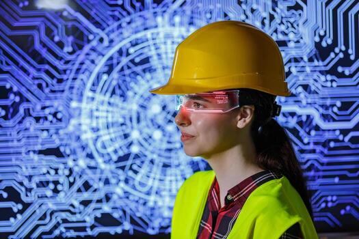 Worker wearing artificial intelligence glasses with circuit background in a tech environment photo