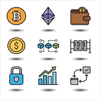 Cryptocurrency and Blockchain Icon Set with Modern Design vector