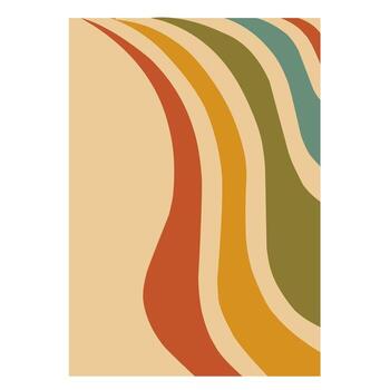 Abstract artwork featuring flowing curved bands in earthy tones of terracotta, mustard, olive, and teal over a beige background, creating a dynamic retro-inspired sense of rhythm and movement vector