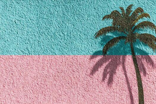 Two-toned, textured background of turquoise and pink, with palm tree silhouette photo