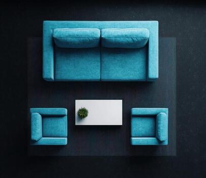 Bird's-eye view of a teal sofa, two chairs, and a white table with plant photo