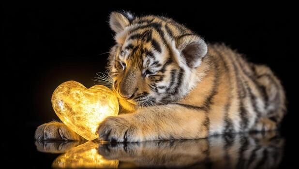adorable Tigre cachorro suavemente patas un brillante corazón, oscuro antecedentes foto