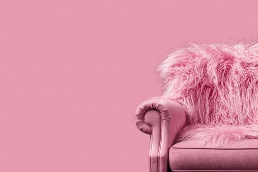 rosado Sillón con peludo tirar, conjunto en contra un sólido rosado fondo, minimalista diseño foto