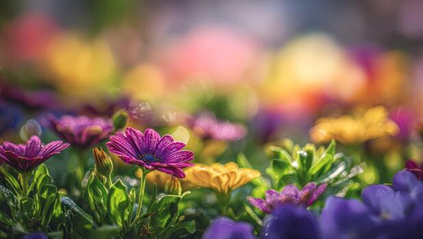 vibrante de cerca de vistoso como una margarita flores en un soleado jardín con bokeh foto