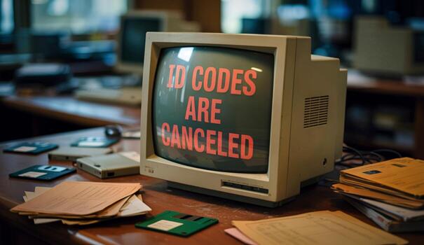 Retro computer monitor displaying id codes canceled photo