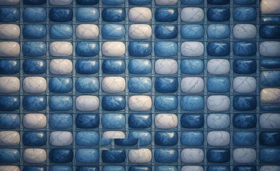 Blue and white rounded square tiles with marble texture arranged in a grid pattern photo