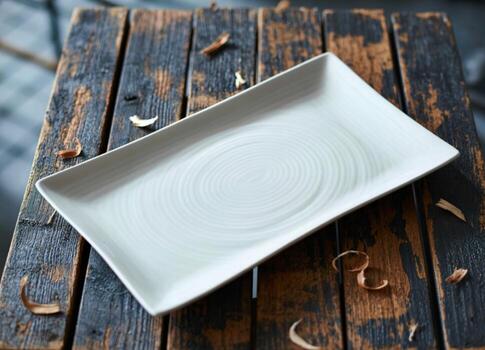 Elegant white rectangular plate with subtle swirl pattern on rustic wood photo