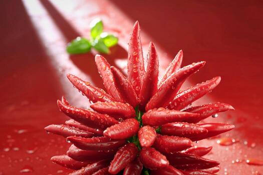 Close-up of vibrant red chili peppers with water droplets, arranged in a circular pattern against a red background, creating a photo