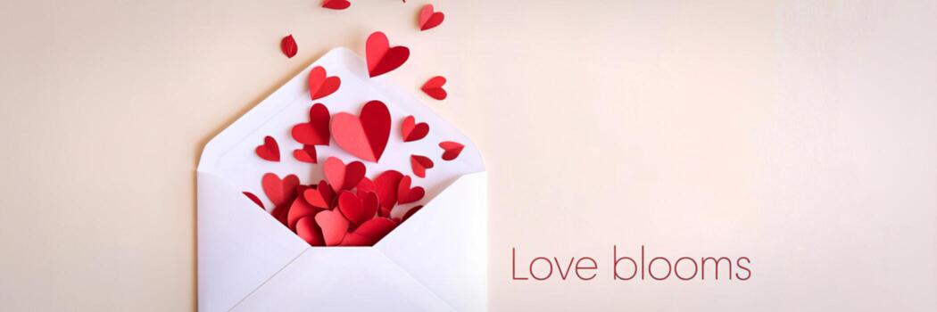 Red paper hearts exploding from an open white envelope photo