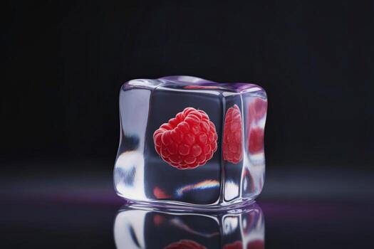 Raspberry frozen in a clear ice cube on a reflective surface photo