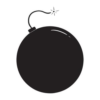 A simple black silhouette of a round cartoon bomb with a lit fuse about to explode. vector