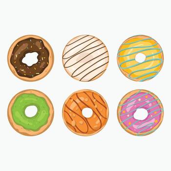 A collection of six colorful donuts with various toppings and frosting, arranged in a group. vector