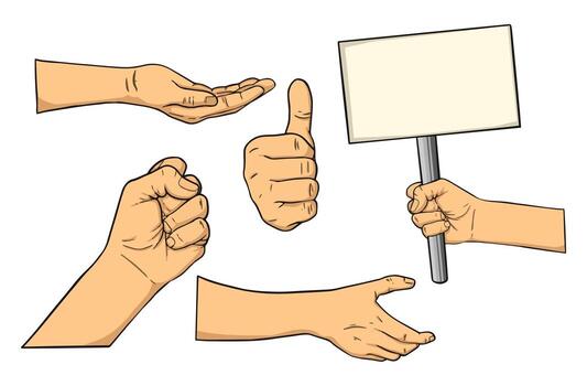 Collection of diverse human hands performing various gestures and holding objects, including a blank sign. vector