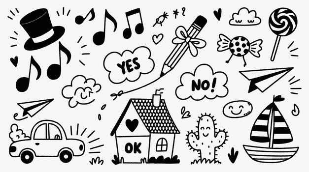Black and white doodle set with various objects and elements vector
