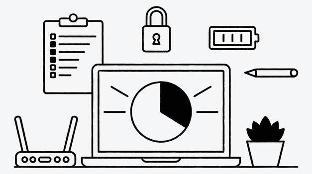 espacio de trabajo con ordenador portátil enrutador y Lista de Verificación ilustración aislado diseño vector