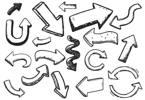 Handdrawn Sketchy Style Directional Arrows Collection Various Shapes and Positions vector
