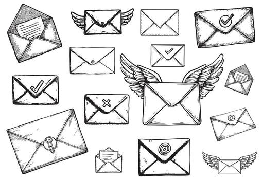 Hand Drawn Sketch Envelopes Collection with Wings and Check Marks vector