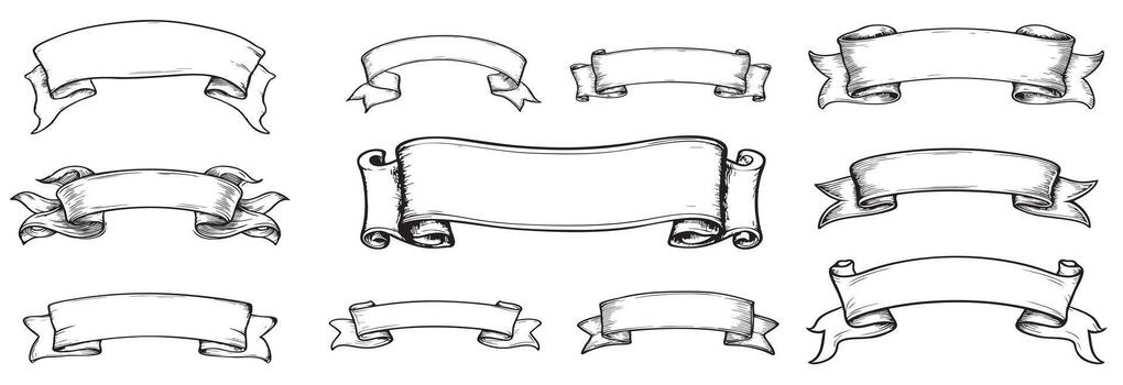 Handdrawn Sketch Style Retro Banner Ribbon Scroll Paper Decoration Element vector