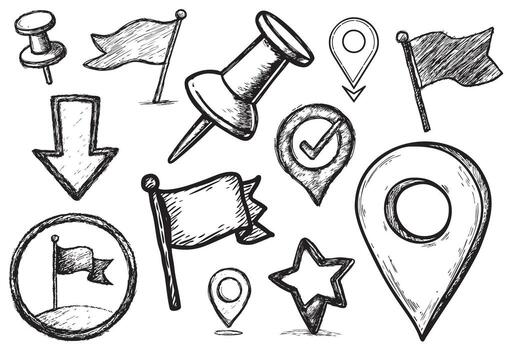 Handdrawn Sketchy Location Pin and Flag Pointer Icon Element Set vector