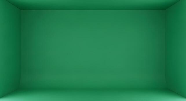 Empty Green Studio Box Chroma Key Background. Simple 3D Render of Seamless Green Screen Room for Visual Effects photo