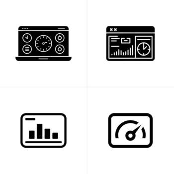 Black and White Dashboard Icons Featuring Data Visualization, Clock, and Speedometer Elements vector