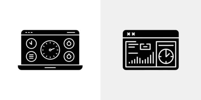Black and White Icons Show Dashboard View, Clock Time and Data Analytics Elements vector