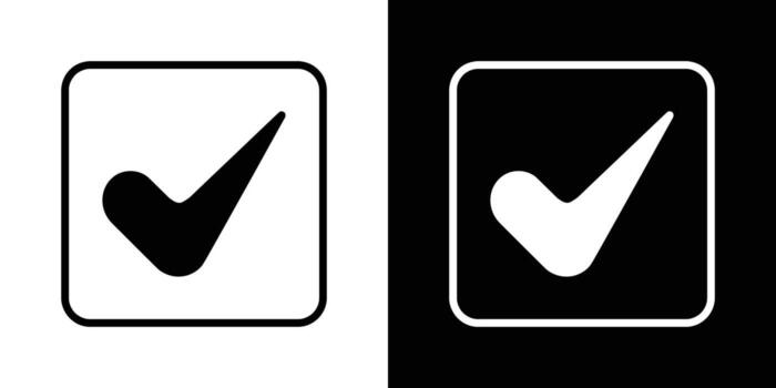 Black and White Check Mark Icons in Rounded Square, Contrasting Backgrounds, Positive Symbolism vector