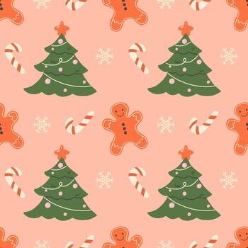 Navidad, invierno sin costura modelo con un Navidad árbol, pan de jengibre, dulces, y copos de nieve vector