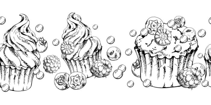 Muffins crowned with berries, cupcakes topped with whipped cream swirls, raspberry and blueberry dragees hand drawn in ink. Isolated for seamless tiling, dessert banner borders, baking headers. vector