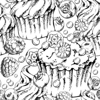 ink muffins and cupcakes in paper wrappers with fresh forest berries, candy bonbons and custard topping. Hand drawn isolated design for tiled dessert patterns, wrapping paper, packaging labels. vector