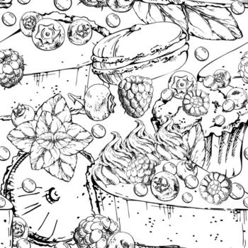 Berry souffle sandwich cake, cheesecake torte slice with meringue swirl, and mint-topped macaron. Hand drawn in ink. Seamless pattern for header repeats, blog layouts, and culinary banners. vector