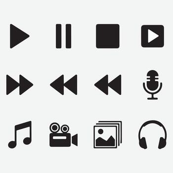 Set and bundle silhouette art design art of media player control icon set collection of play, pause, stop, record, forward, backward, microphone, music, camera, image, headphone vector