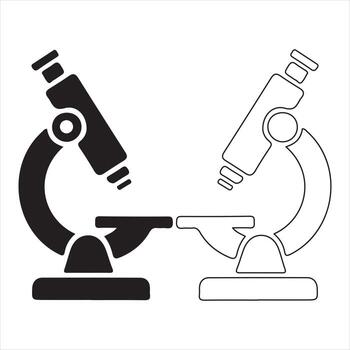 Set and bundle silhouette art design art of two microscopes, one in black silhouette and the other in white outline, representing science and research vector