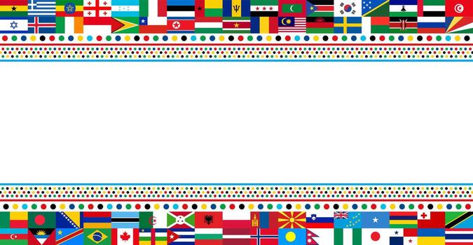 International Flags Border Design. Diverse Countries and Nations flag Banner for Global Unity and Multicultural Themes. world popular all flag horizontal banner or background design vector