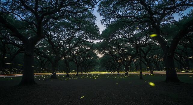 Glowing fireflies illuminating a dense forest at dusk with trailing light patterns, ideal for depicting magical summer nights and enchanting nature-inspired concepts photo
