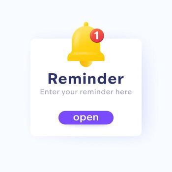 Reminder design with 3d bell icon, ui vector