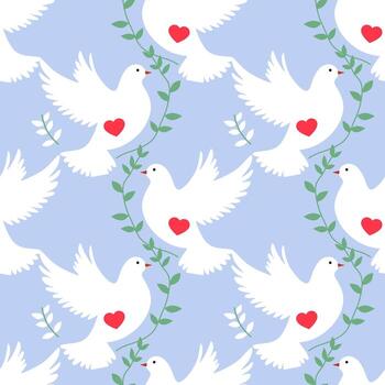 Seamless pattern with white doves, red hearts, and green branches on a blue background. vector