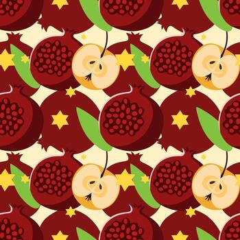 Seamless pattern with pomegranates, apples, and yellow stars on a light background. Bright and festive fruit design inspired by traditional motifs. Rosh Hashanah pattern vector