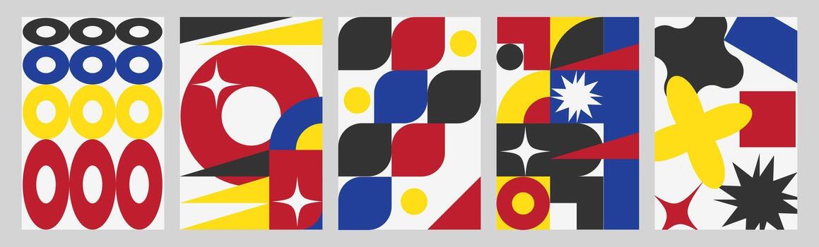 A set of bright abstract backgrounds. Geometric retro posters in a brutal style. vector