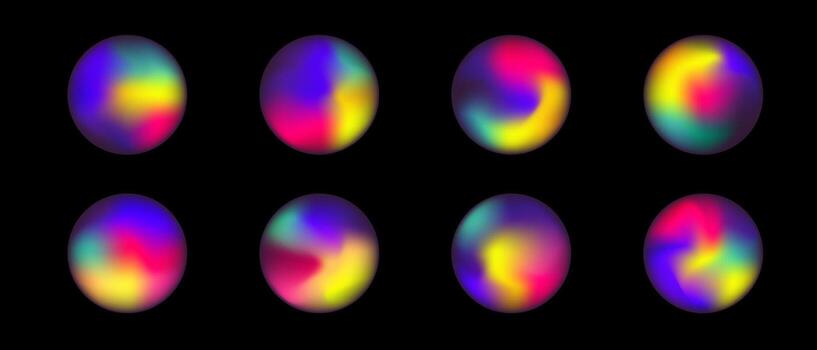 Set of bright holographic circles mesh gradient on black background, fluid liquid energy accumulation gradient ball vector