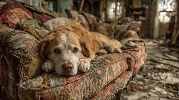 A dog lies comfortably on a faded couch, surrounded by a messy environment. The room shows signs of neglect, with debris scattered, emphasizing a once-lived space now empty and quiet photo